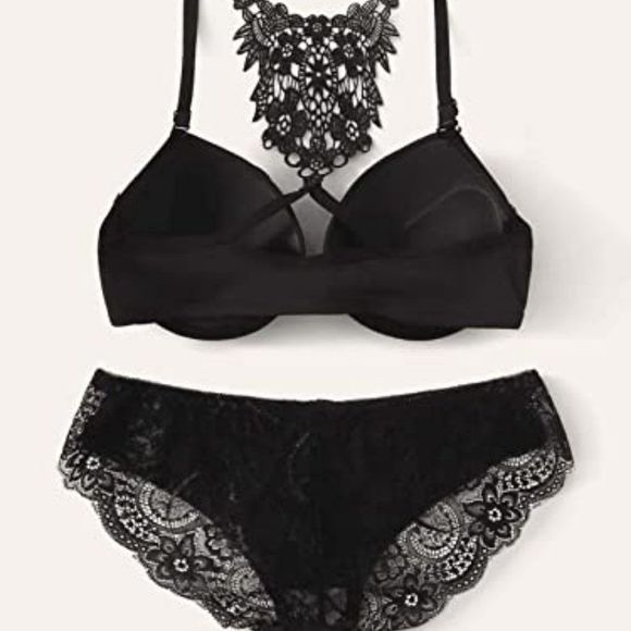 WDIRARA Women's Floral Lace Mesh Scallop Lingerie Set Bra and Bow Panty - Picture 2 of 5